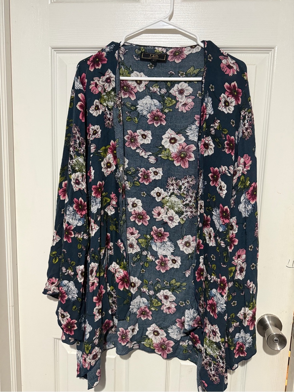 L&B Navy Floral Kimono Cardigan with Pink & White Blooms